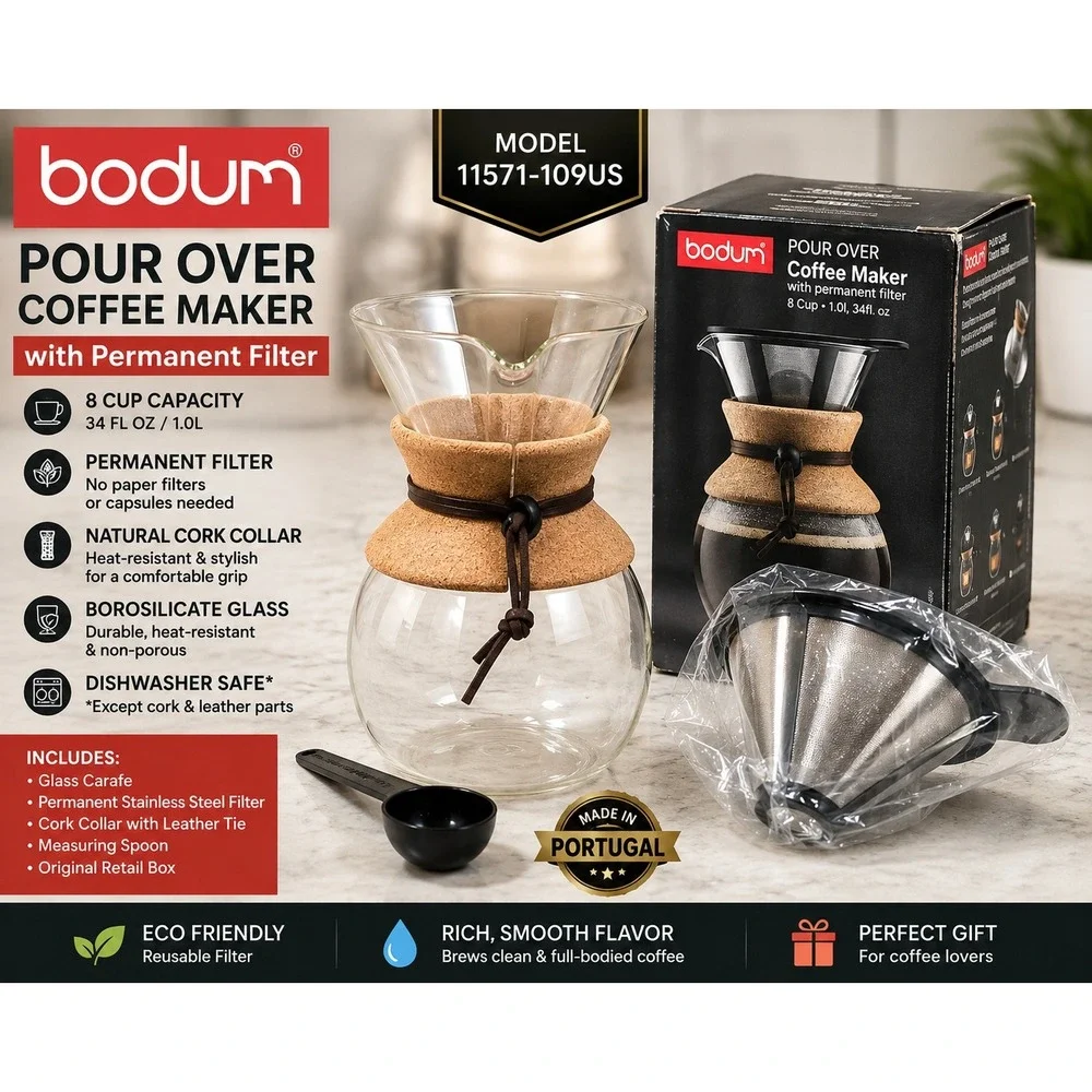 Bodum Pour Over Coffee Maker 8 Cup 34oz Cork Collar Glass 11571-109US Portugal